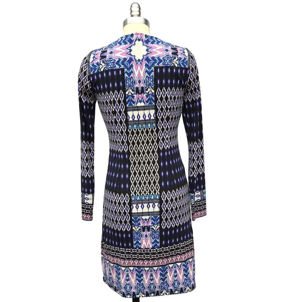 Hale Bob Boho Mini Dress Size XS Blue Mixed Print Tunic Long Sleeve V Neck